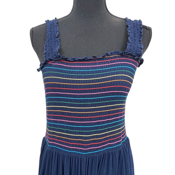 New Modcloth Navy Knit Multicolor Smocked Rainbow Jumpsuite Large - Picture 2 of 8